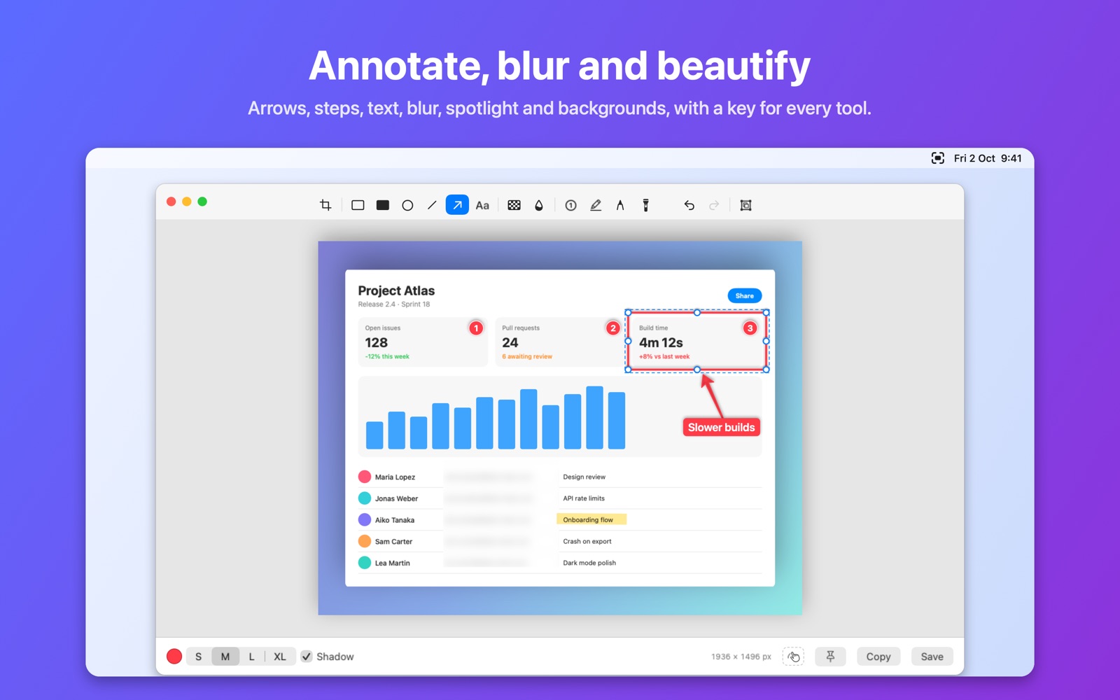 The AEShot editor with arrows, numbered steps, a highlighter, blurred email addresses and a gradient background on a screenshot